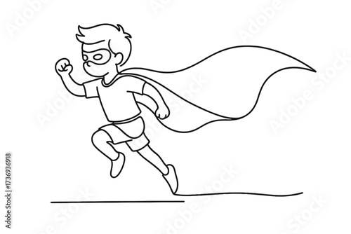 Dynamic Line Art of a Child Superhero with a Cape and Mask Running to the Rescue