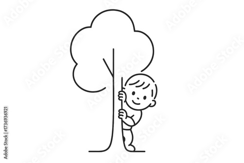Simple Line Drawing of a Cute Child Hiding Behind a Tree Trunk for Hide-and-Seek