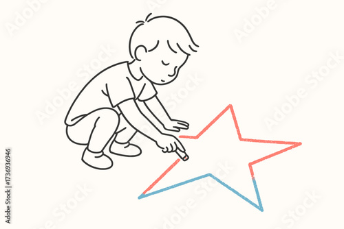 Minimalist Illustration of a Child Crouching to Draw a Large Red and Blue Star on the Ground	