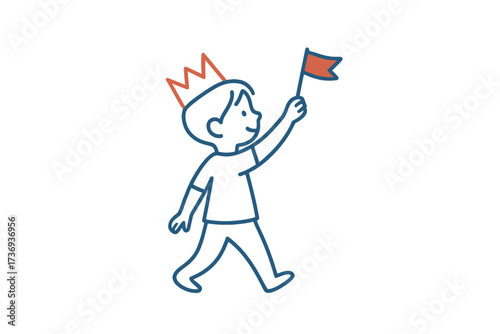 Continuous Line Drawing of a Happy Kid Wearing an Orange Paper Crown and Marching with a Small Red Flag	
