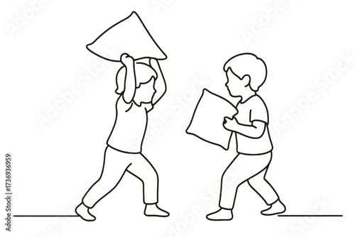  Dynamic Outline Drawing of Two Children Having a Playful Pillow Fight