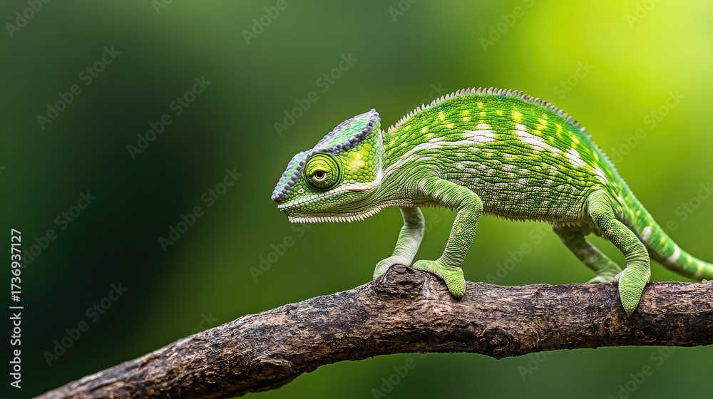 Fototapeta premium Vibrant green chameleon perched on a branch.