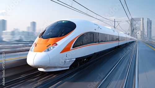 Sleek white high-speed train races across a bridge with city skyline blurred in the background