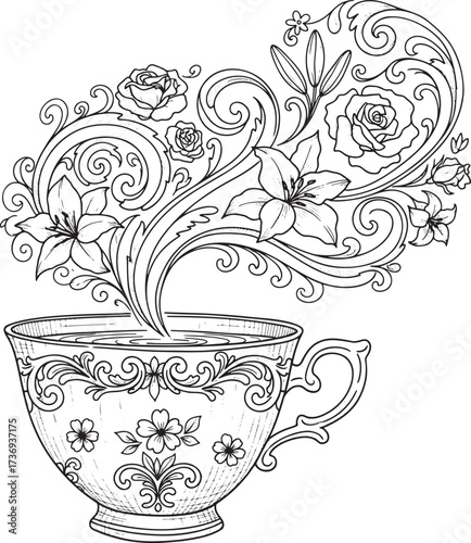 Detailed Hand-Drawn Vector of Teacup with Rose and Lily Fragrance