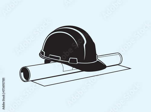 Civil Engineering Concept Hard Hat with Blueprint Silhouette

