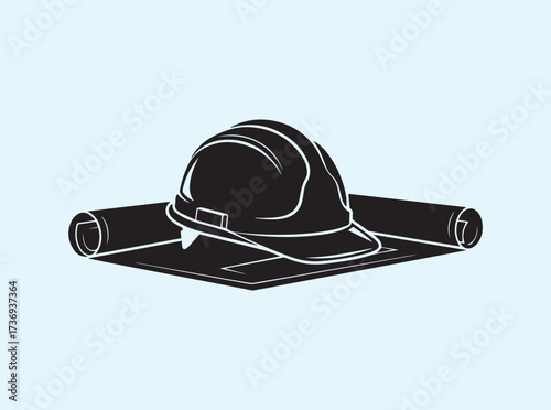 Project Planning Icon Hard Hat with Blueprint Silhouette
