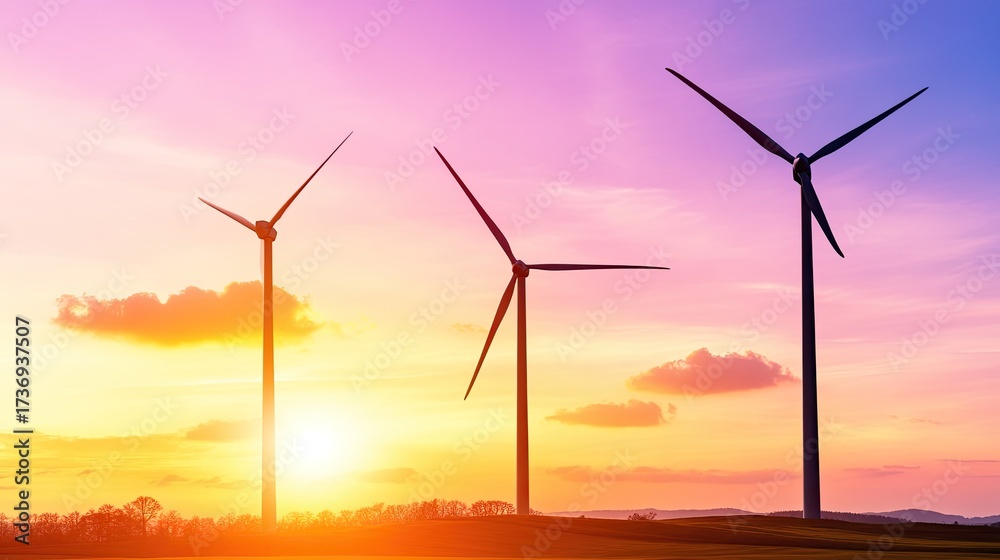 Obraz premium Silhouettes of wind turbines at sunset.