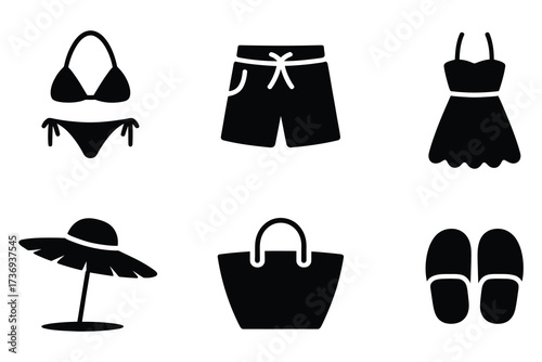 Summer Vacation Essentials Bikini Shorts Dress Hat Bag and Slippers Icons in Black and White