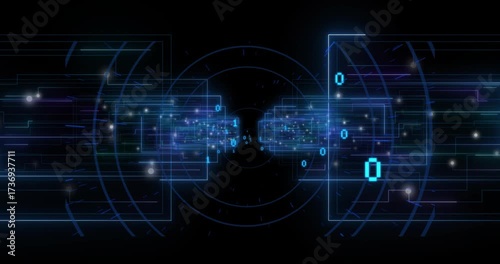 Neon-blue outlines appearing, 1s and 0s pulsing, drifting and forming data stream linking modules