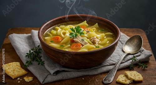 A steaming bowl of homemade chicken noodle soup
