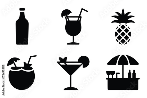 Tropical paradise vector icon set of vacation drinks and tropical fruits isolated