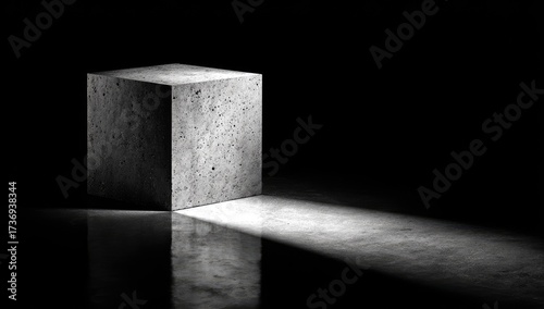 A single, textured cube stands in a spotlight against a stark black background, casting a strong shadow