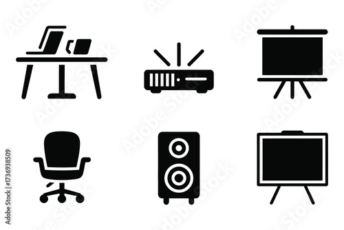 Black and White Office Equipment Icon Set for Presentations and Remote Work Environments