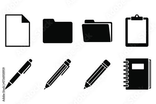 Black and white vector icons set for office supplies and business stationary items