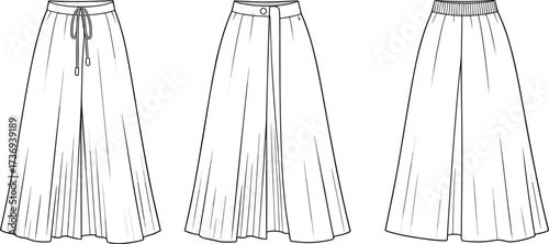 CAD drawing flat vector skirt, fashion flat sketch, long flared skirt design with waistband, technical garment illustration, apparel template design