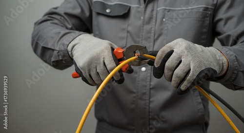Electrician in work gloves cutting a yellow electrical cable with a tool. Professional worker performing electrical repair. Maintenance and construction industry concept.