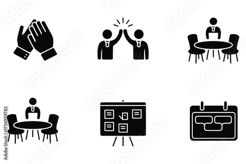 Business Success and Collaboration Icons Depicting Teamwork Meeting and Planning Graphics