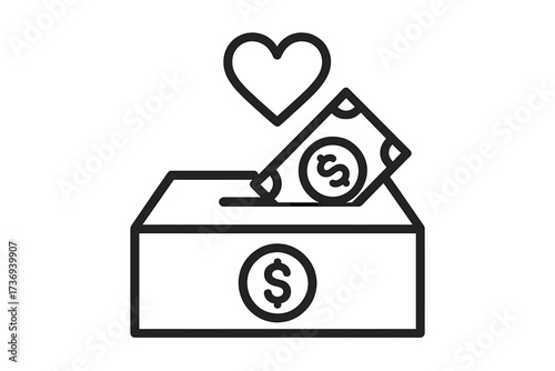 Donation box with money and heart line icon. Vector for charity, fundraising, and support. Concept of giving, help, solidarity, and financial contribution for social aid.