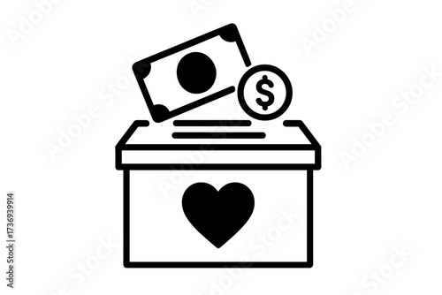 Donation box with money, dollar bill and coin. Charity and fundraising concept. Giving help and support for a cause. Philanthropy symbol with heart. Vector graphic.