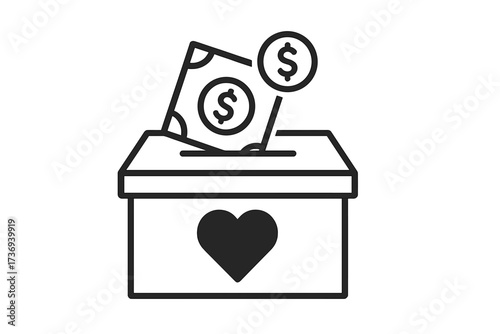 Donation box with money, coin and heart symbol icon. Charity, giving and fundraising concept. Vector line illustration for donating, support, help, and solidarity.