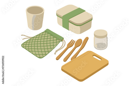Eco-friendly kitchen essentials set. Sustainable, zero waste lifestyle concept. Reusable bento lunch box, wooden cutlery, cup, and mesh bag. Vector isometric illustration.