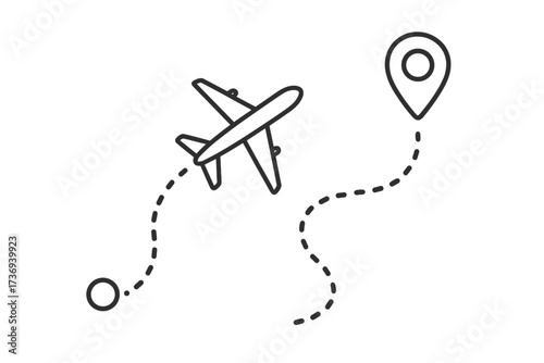Dotted route with plane and GPS pin. Flight track. Airline journey. Vacation, holiday or business trip concept. Travel destination. Start and finish. Vector line icon.