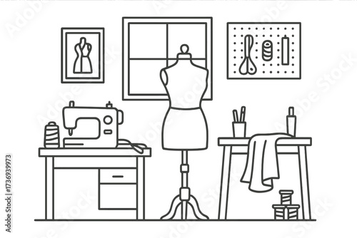 Fashion design studio in linear style. Vector illustration of a tailor workshop with sewing machine and mannequin. Concept for dressmaking, atelier, handmade clothing and craft.