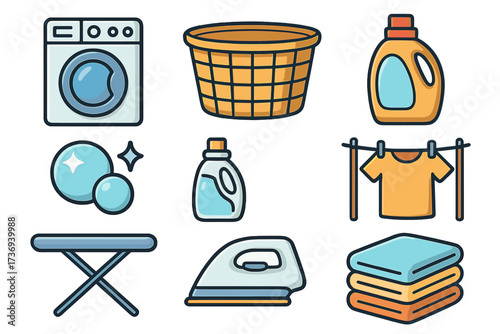 Laundry icon set vector collection. Household chore symbols like washing machine, basket, detergent, iron, and clothesline. Clean line art cartoon style illustrations.