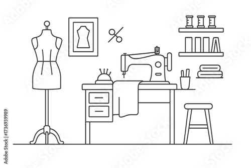 Fashion design studio linear icon set. Tailor workplace with sewing machine, mannequin. Dressmaker atelier interior. Concept of sewing, handmade, dressmaking and needlework.