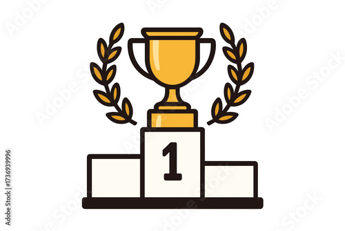 First place winner podium with gold trophy cup and laurel wreath. Vector icon for competition, prize, success, winning, award, victory, achievement, champion, goal.