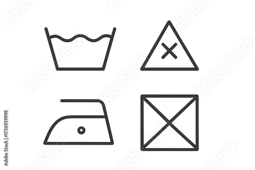 Laundry care symbols vector icon set. Washing instructions for textile labels. Flat linear design. Do not bleach, low iron, do not tumble dry. Clothing care guide marks.