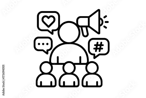 Influencer marketing line icon. Social media engagement, audience and followers concept. Megaphone for promotion, likes, comments, hashtags. Community management vector.