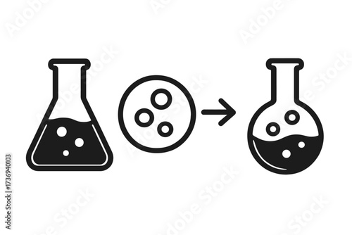 Science experiment icon. Chemical reaction in lab flasks. Concept for transformation, research, analysis. Vector graphic for chemistry, pharmacy, biotechnology process.