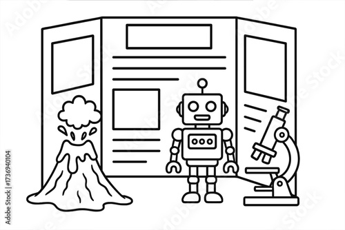 Science fair project outline. School education display with volcano experiment, robot, microscope. STEM for kids. Black and white vector illustration for coloring page.