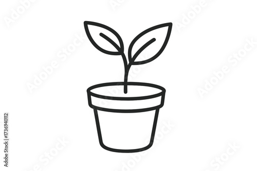 Leaf plant sprout growing in a pot. Thin line outline icon vector illustration. Concept for gardening, growth, new life, ecology, eco friendly, startup, and investment.