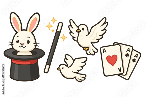 Vector collection of magic show cartoon elements. Rabbit in top hat, sparkling wand, white doves, and ace playing cards. For illusionist, circus performance, or fantasy.