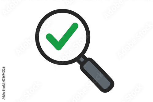 Magnifying glass with green check mark icon. Vector concept for research, analysis, and quality control. Symbol for successful search, verified results, and positive review.