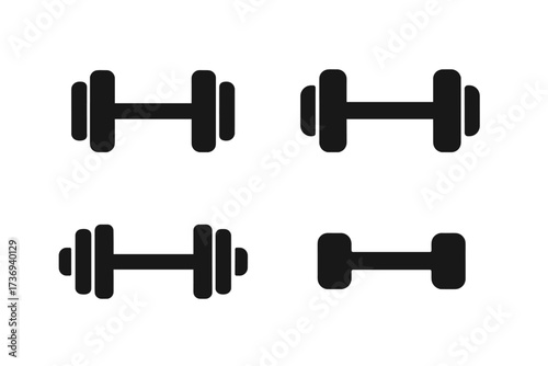 Dumbbell icon set. Minimalist black vector graphics for fitness apps and websites. Weight training equipment symbols. Gym workout, bodybuilding and exercise concept illustrations.