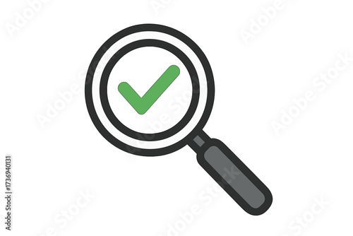 Magnifying glass with green check mark icon. Search success symbol. Vector for concepts like quality control, inspection passed, research results, verification, and approval.