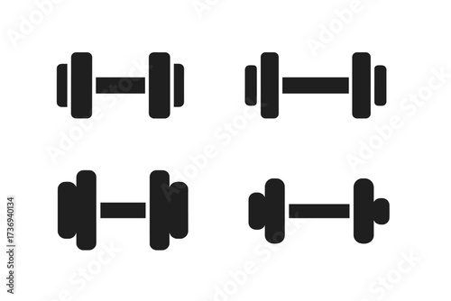 Minimalist black dumbbell icons set for fitness apps and websites. Vector sport equipment for gym workout, bodybuilding and strength training. Simple flat glyph silhouette design.