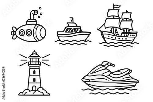 Nautical line art set of sea transport icons. Vector collection includes submarine, yacht, sailing ship, lighthouse, jet ski. Simple marine doodle cartoon illustration.
