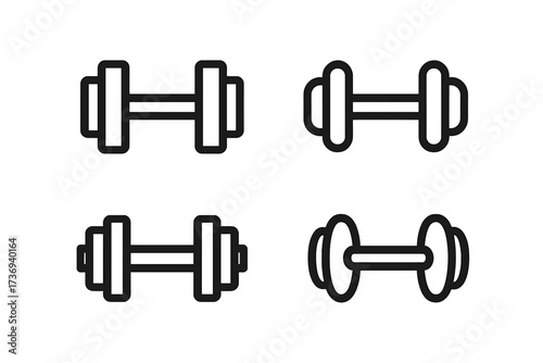 Dumbbell icon set for fitness apps. Minimalist black line art pictograms. Vector symbols for gym, workout, and exercise concepts. Weightlifting and bodybuilding equipment graphic.