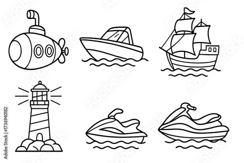 Nautical line art collection. Set of cute cartoon doodle sea transport icons. Submarine, speedboat, old sailing ship, lighthouse, and jet ski. Vector outline illustration.