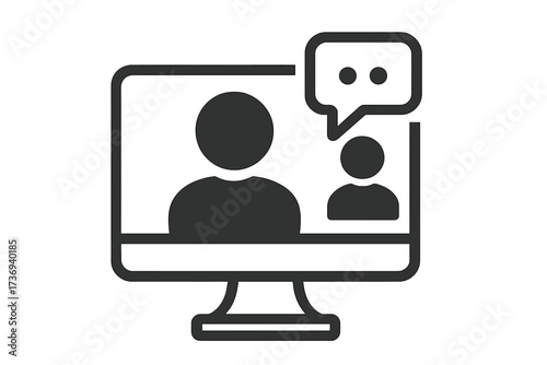 Video conference icon. Online call concept with people chatting. Virtual meeting on computer screen. Remote work communication symbol. Webinar and online learning vector graphic.
