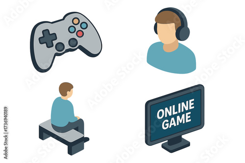 Online gaming icon set showing immersion and alienation. Isometric vector graphics of a game controller, player avatar, and a lonely person. Concept for game addiction.