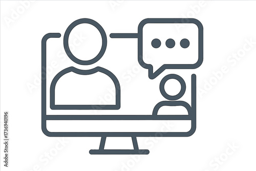 Online call and video conference icon. People chatting on computer screen. Remote work concept. Virtual meeting, web communication and conversation symbol with speech bubble.