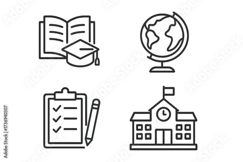 Education and learning linear icon set. School, university, college symbols. Graduation, knowledge, study concepts. Vector outline icons of book, globe, test, school building.