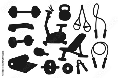 Set of black silhouette icons of fitness equipment for gym and workout. Vector collection of exercise tools like dumbbell, kettlebell, stationary bike. Bodybuilding and training.