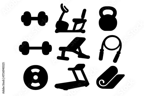 Fitness equipment icon set vector silhouette illustration. Gym workout and training symbols. Dumbbell, kettlebell, treadmill, exercise bike and bench for a healthy sport lifestyle.