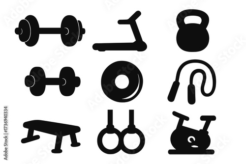 Gym equipment silhouette icon set for fitness and workout. Vector sport collection with dumbbell, treadmill, kettlebell, weight plate, jump rope, bench, rings, exercise bike.